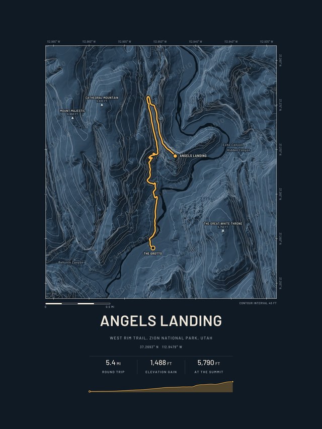 Angels Landing trail map in the Midnight style, dark blue relief with the route in amber and the Virgin River on the canyon floor below.