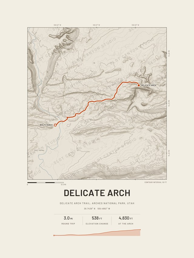 Delicate Arch trail map in the Sandstone style, the route in orange.