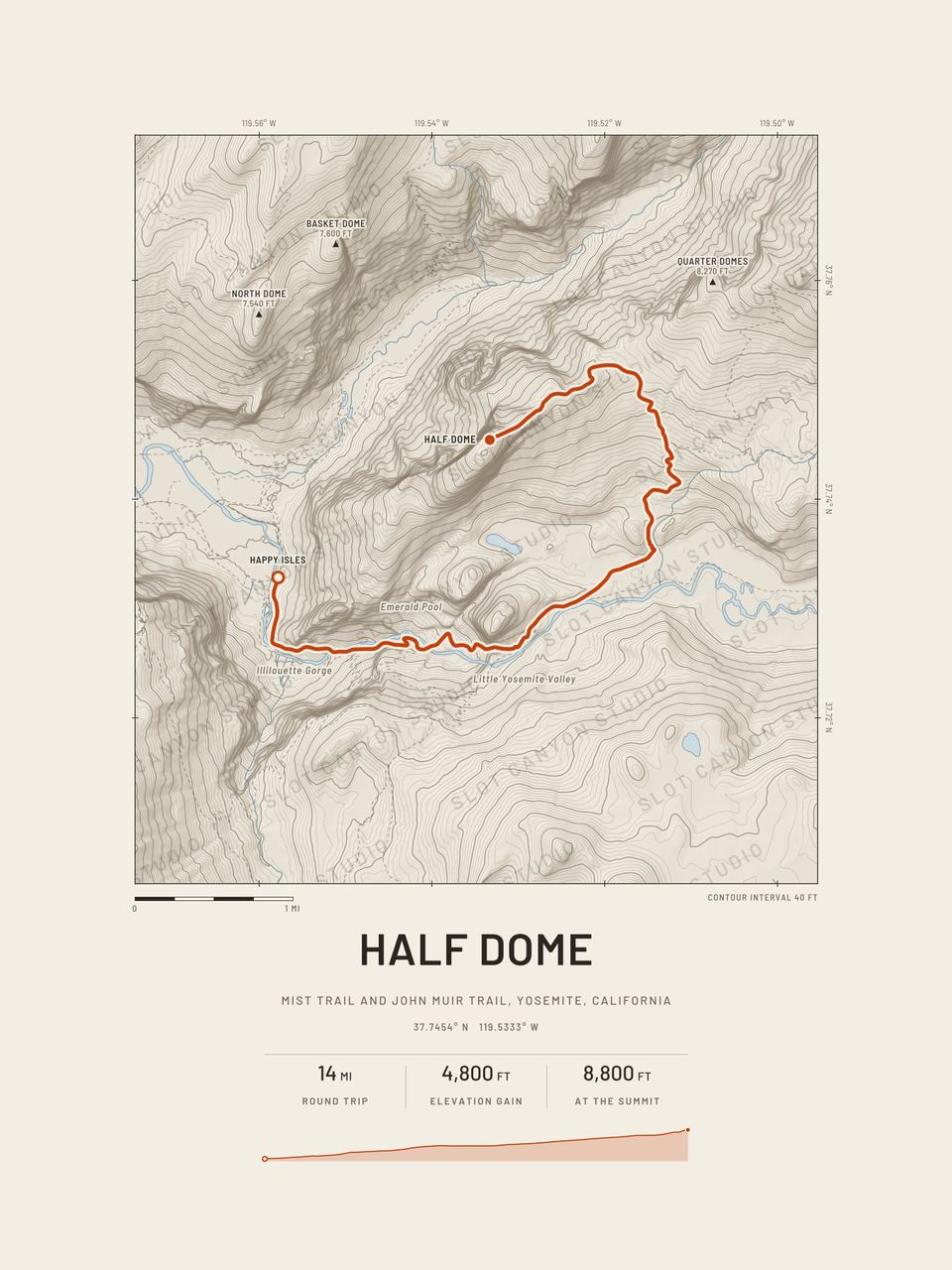 Our Half Dome trail map in the Sandstone style: tan contour lines and shaded relief on cream paper, with the route in orange from Happy Isles to the summit, beside the Merced River for the first part.