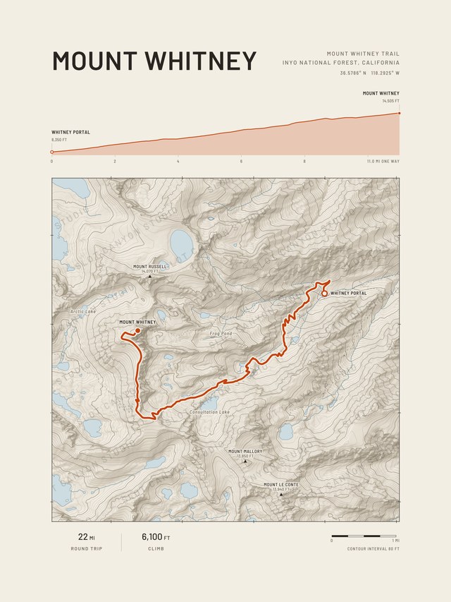 Elevation Profile layout: the Mount Whitney map in the Sandstone style, with the climb drawn as a profile across the top and small lakes in blue around the route.