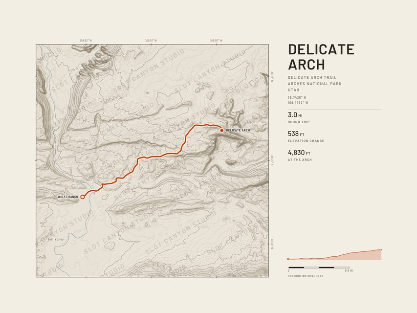 Landscape layout: a wide Delicate Arch map in the Sandstone style, with the trail name, stats and elevation profile in a column on the right.