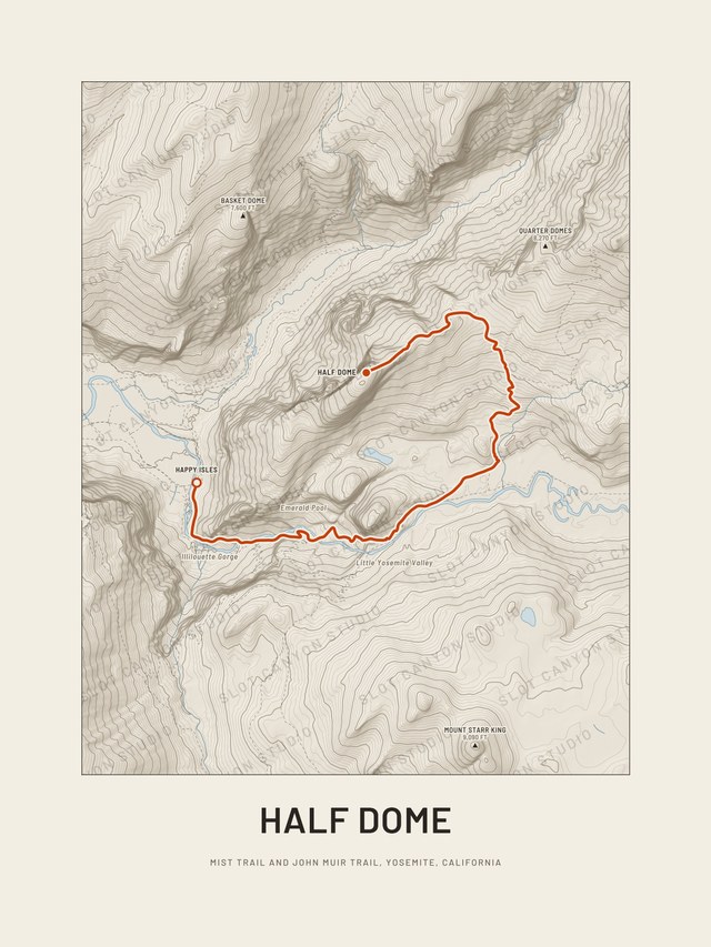 Minimal layout: the Half Dome map in the Sandstone style, with the Merced River beside the route and only the trail name and place below it.