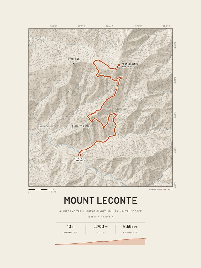 Mount LeConte trail map in the Sandstone style, the Alum Cave Trail route in orange, starting beside a stream in blue.