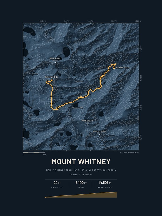 Mount Whitney trail map in the Midnight style, dark blue relief with the route in amber and small lakes on either side.