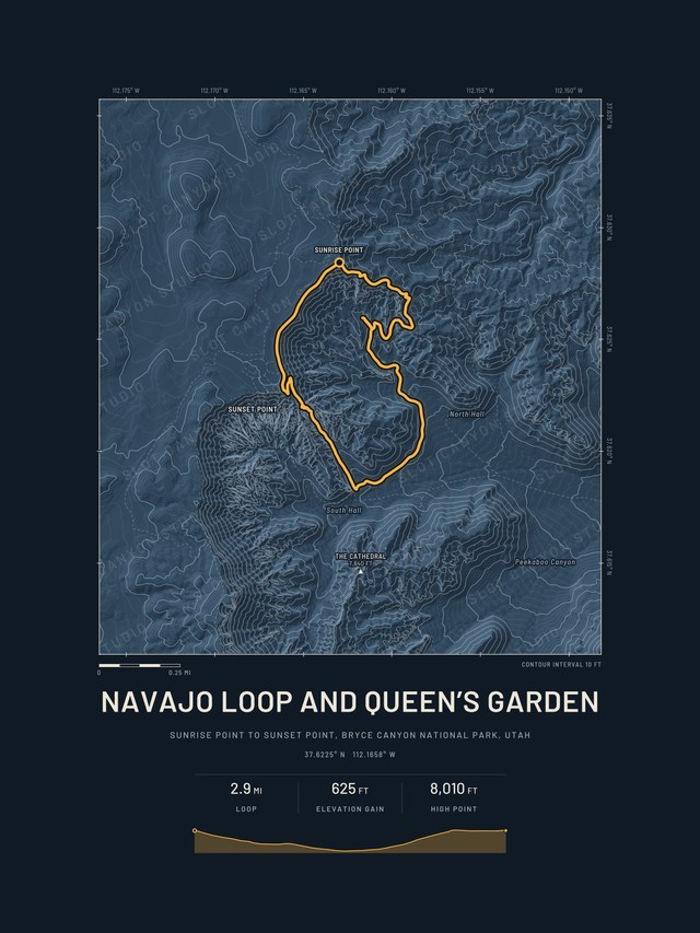 The same Navajo Loop and Queen's Garden map in the Midnight style: deep blue relief with the loop in amber.