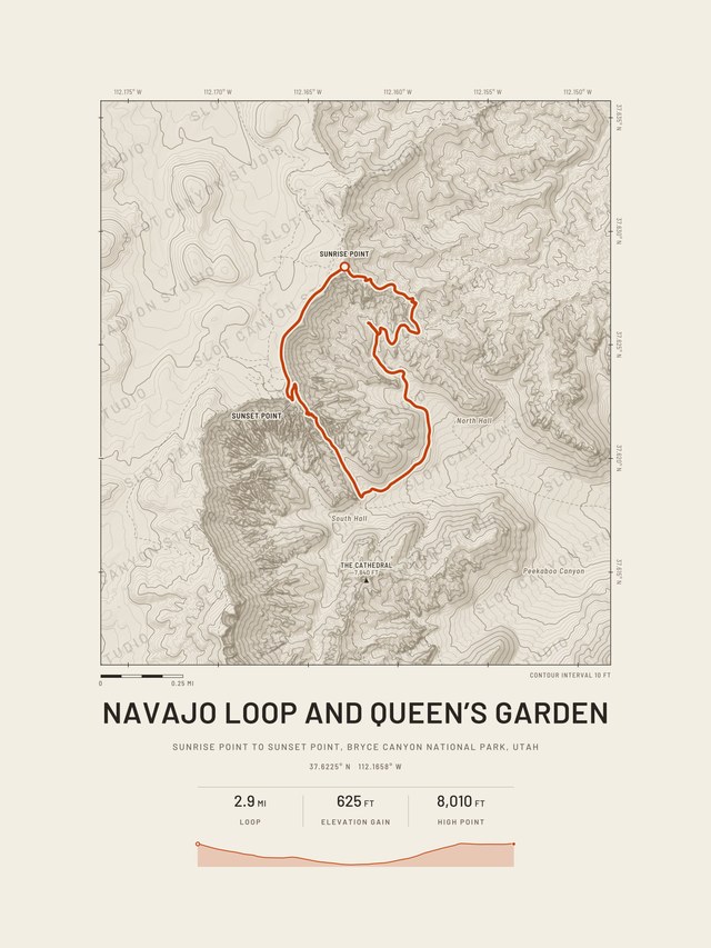 Navajo Loop and Queen's Garden trail map, Bryce Canyon, in the Sandstone style: dark lines on cream with the loop in orange.