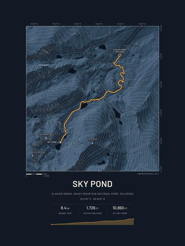 Sky Pond trail map in the Midnight style, dark blue relief with the route in amber passing lakes on the way to the shore of Sky Pond.