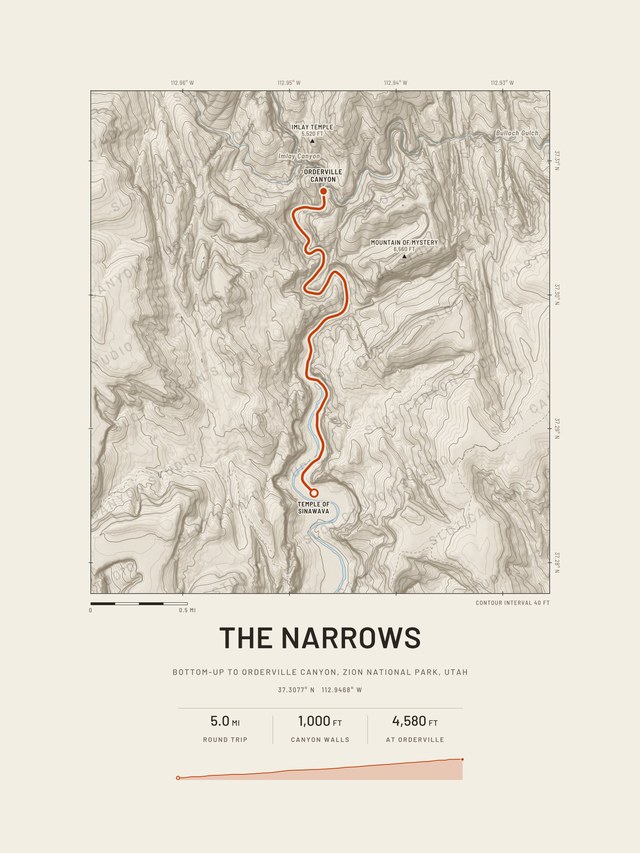 The Narrows trail map in the Sandstone style, with the route in orange up the canyon floor and the Virgin River in blue beside it until the route enters the water.
